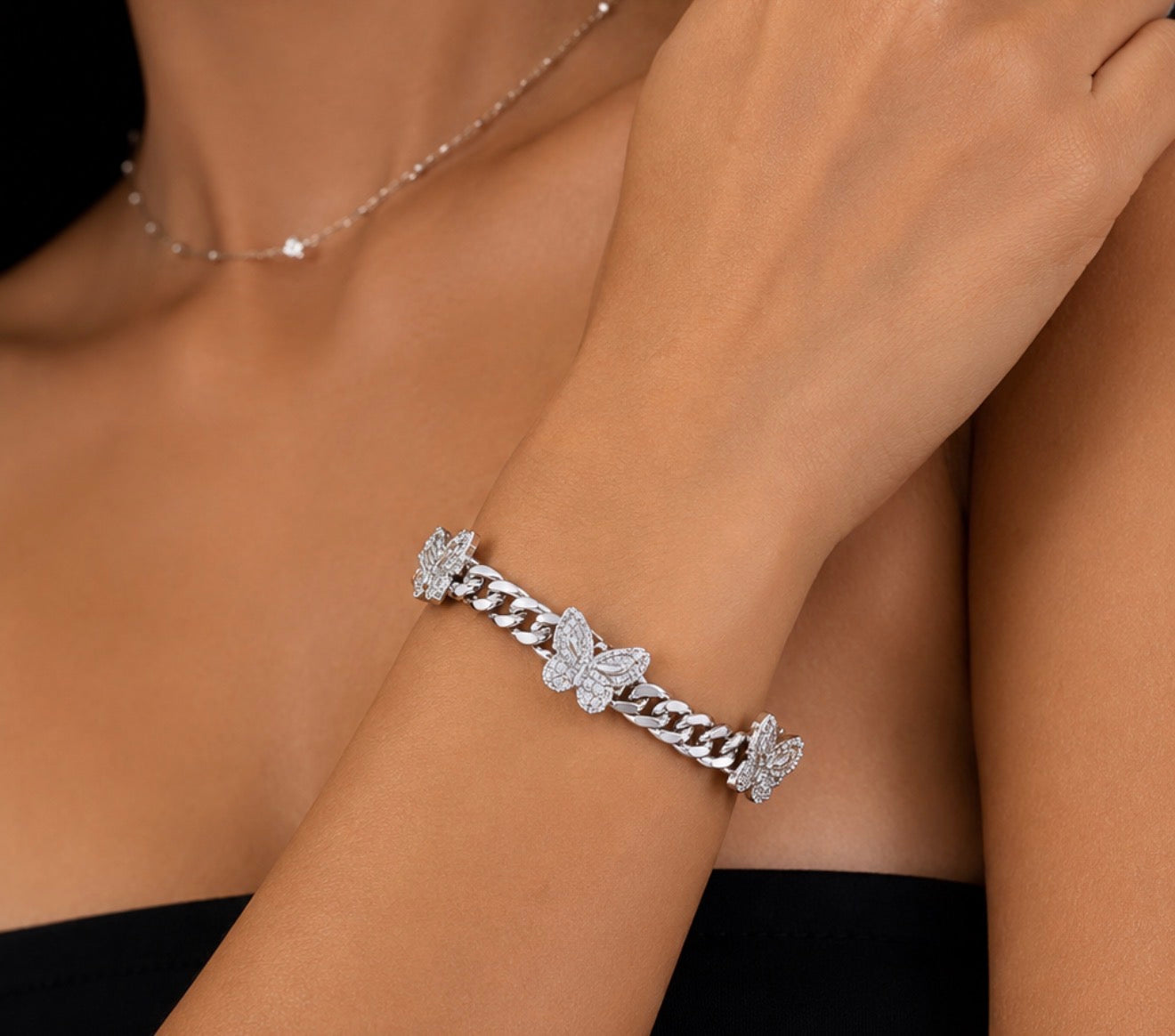 925 Sterling Silver Moissanite Stone Multi Butterfly Cuban Link Bracelet