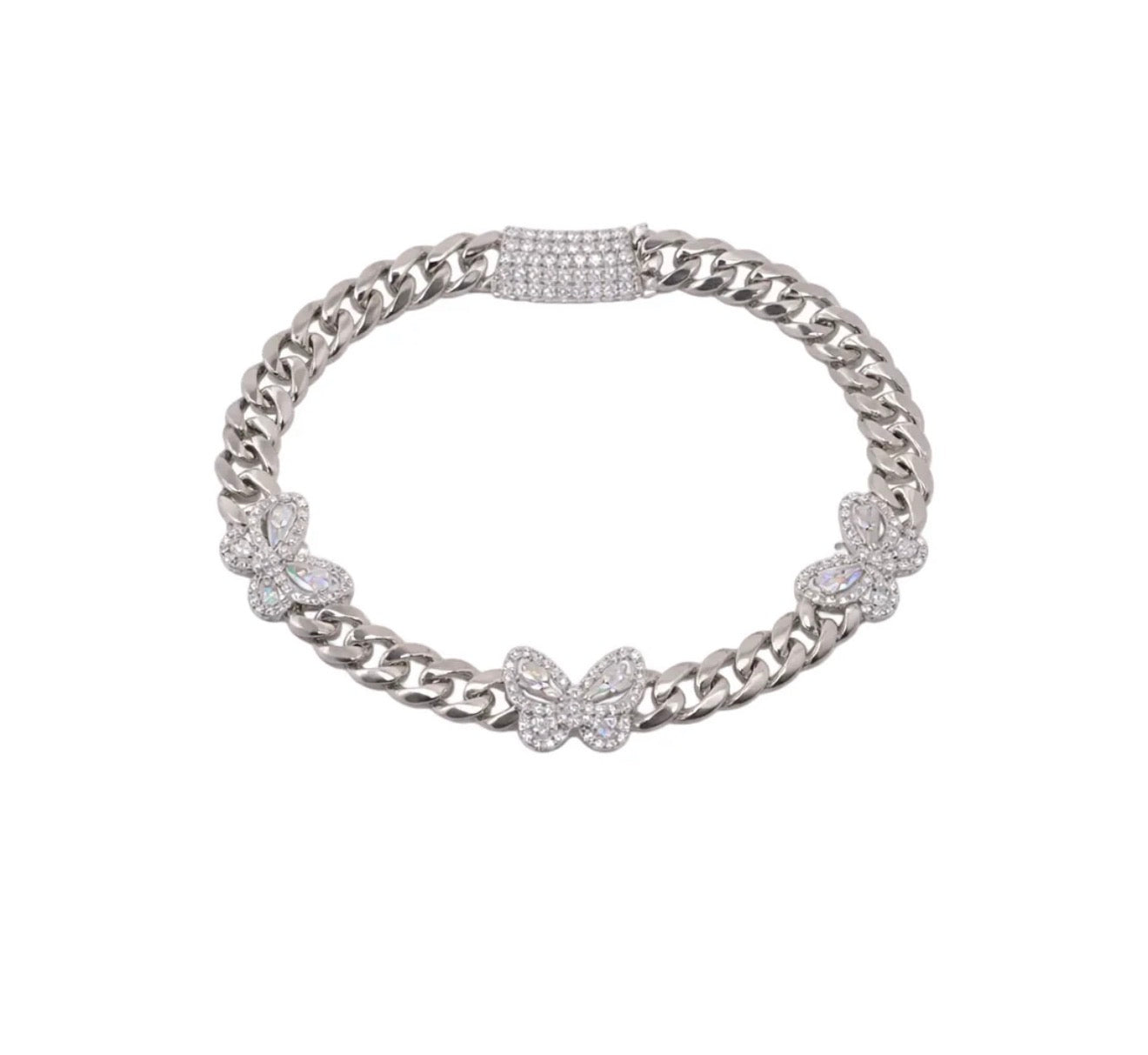 925 Sterling Silver Moissanite Stone Multi Butterfly Cuban Link Bracelet