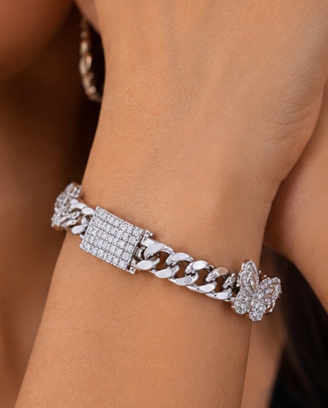 925 Sterling Silver Moissanite Stone Multi Butterfly Cuban Link Bracelet
