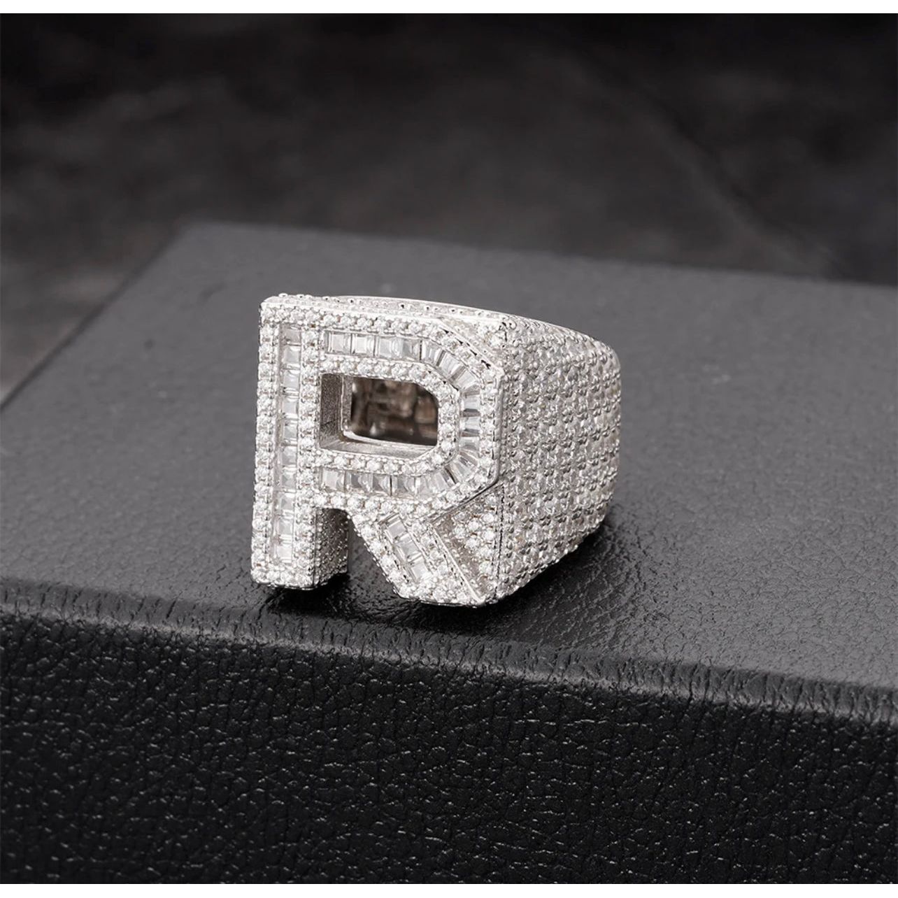 14K Gold Plated 925 Sterling Silver Initial Letter Iced CZ Baguette Ring