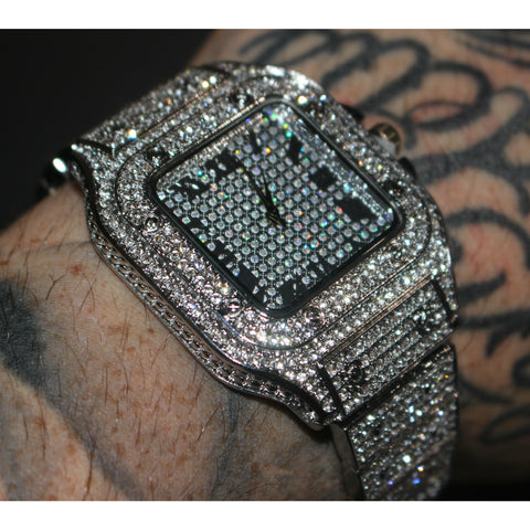 18k White Gold Cartier Style Iced Out Watch