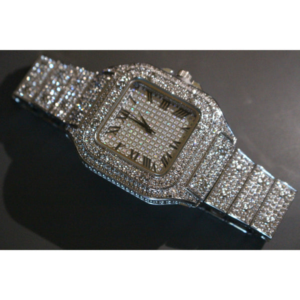 18k White Gold Cartier Style Iced Out Watch