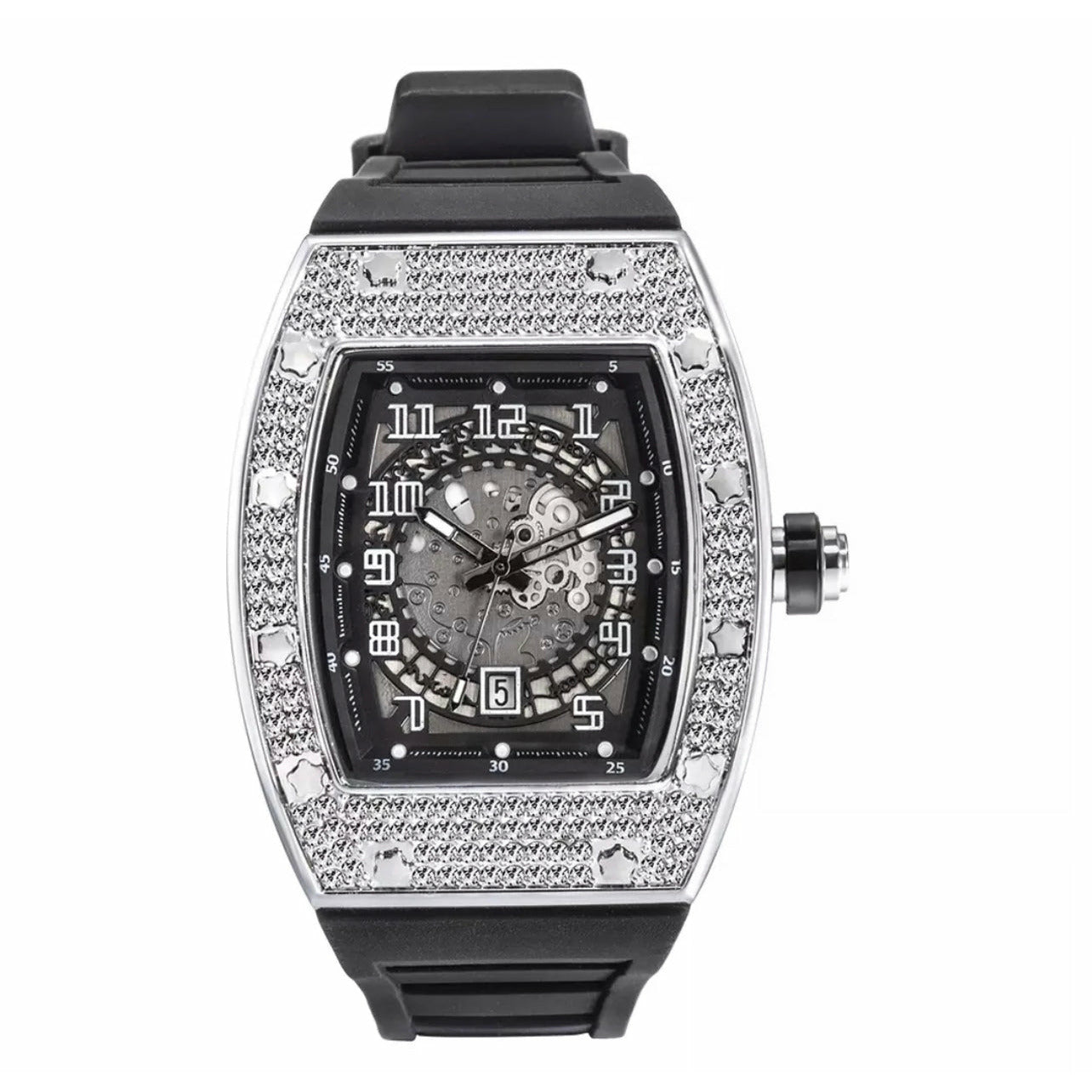 Iced Out Black Rubber Strap Watch