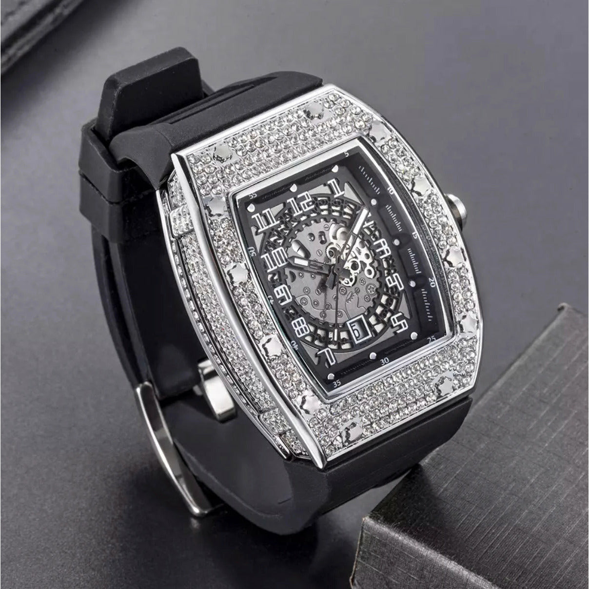 Iced Out Black Rubber Strap Watch